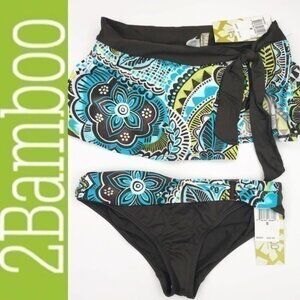 2Bamboo Brown & Turquoise Swim Skirt Bikini Bottom Small